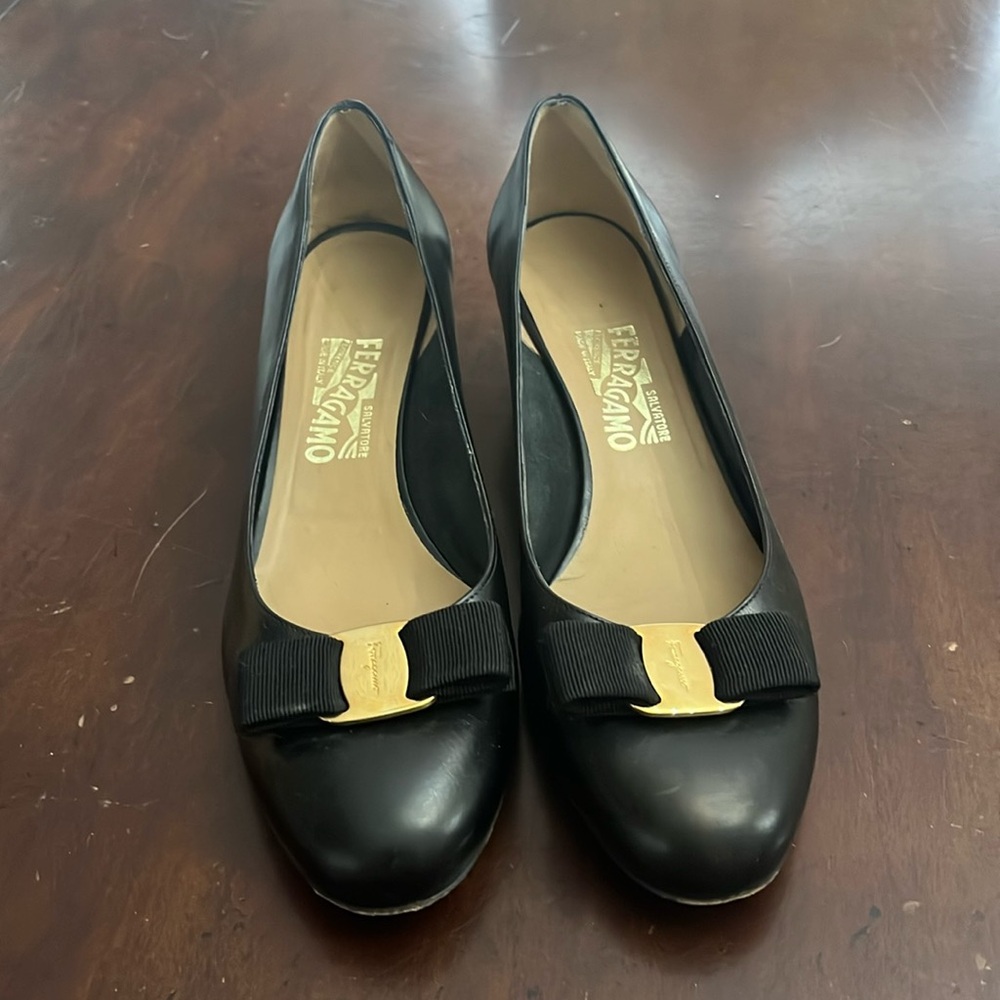 Salvatore Ferragamo Black Leather Flats with Gold Accent